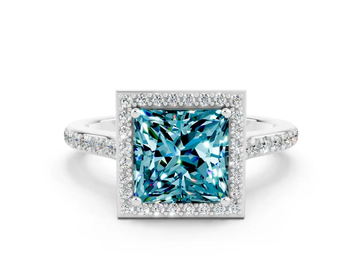 Princess Cut Blue Topaz Halo Engagement Ring with Round Pavé Shoulders and Prong Setting Silver