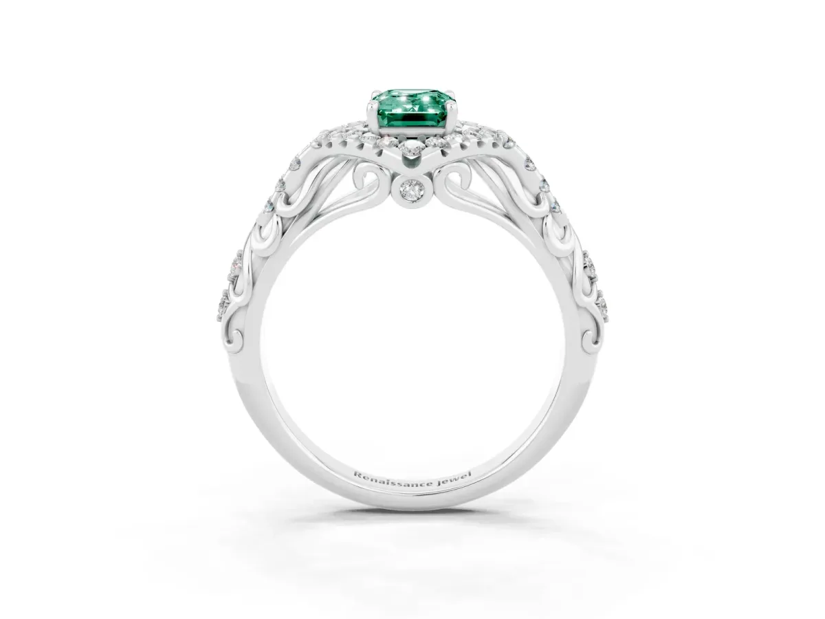 Emerald Cut Green Sapphire Solitaire Ring with Hidden Halo and Pavé Band White gold