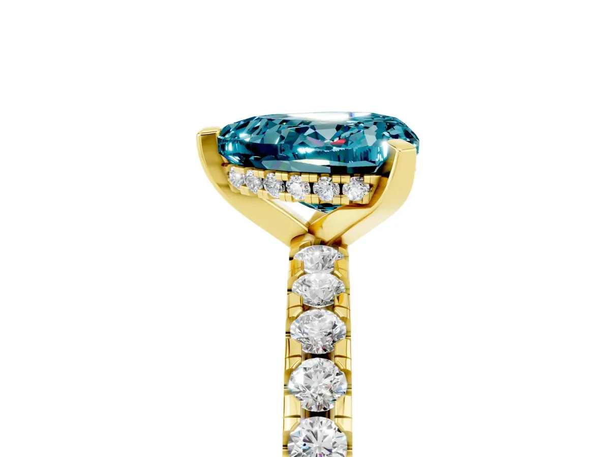 Heart Cut Blue Topaz Solitaire Ring with Round Pavé Band and Four-Prong Setting Yellow gold