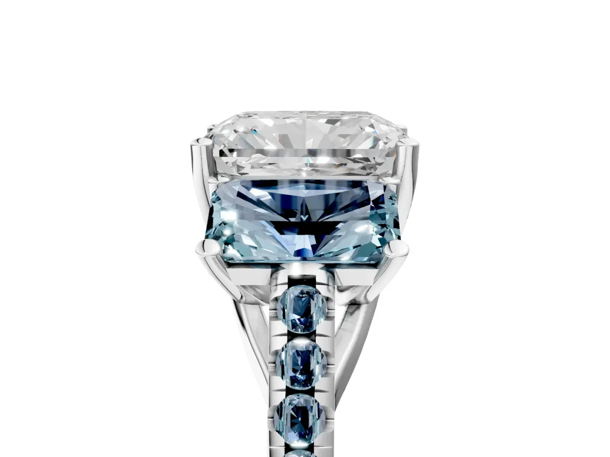 Three-Stone Radiant Cut Diamond Ring with Round Aquamarine Pavé Band and Prong Setting White gold
