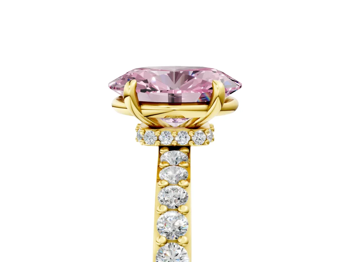 Fancy Pink Oval Cut Diamond Solitaire Engagement Ring with Pavé Band and Four-Prong Setting Yellow gold