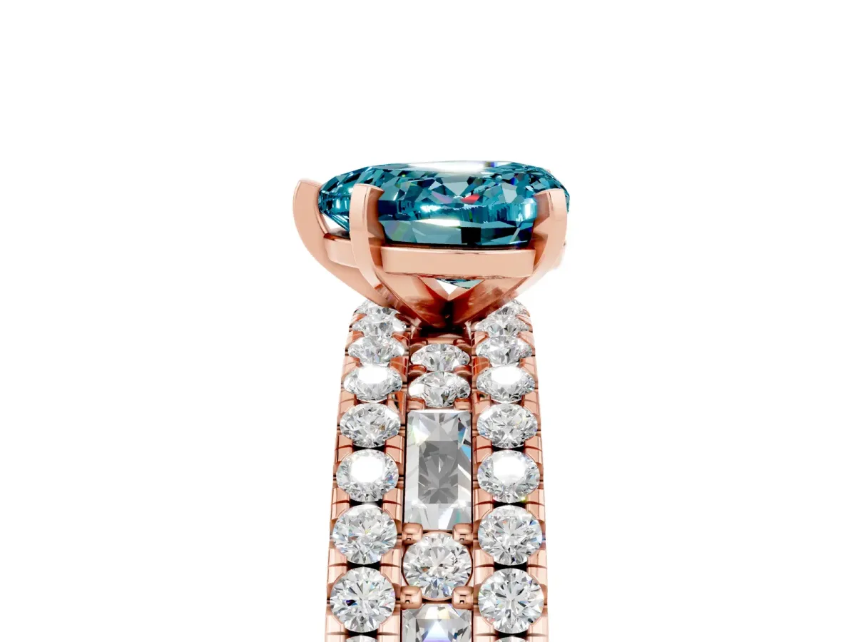Heart Cut Blue Topaz Solitaire Ring with Pavé and Channel Set Band Rose gold