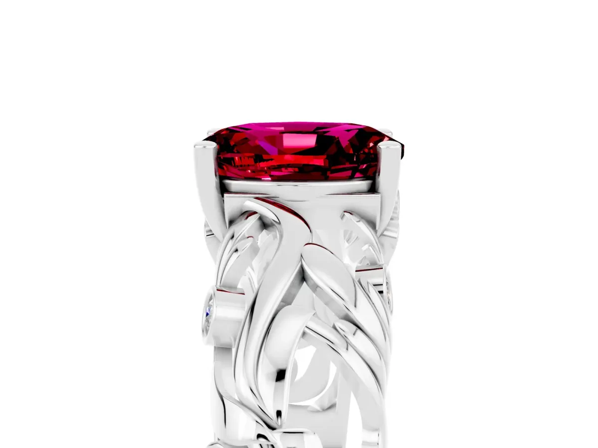 Oval Cut Solitaire Garnet Leaf-Inspired Vine Band Ring with Prong Setting White gold