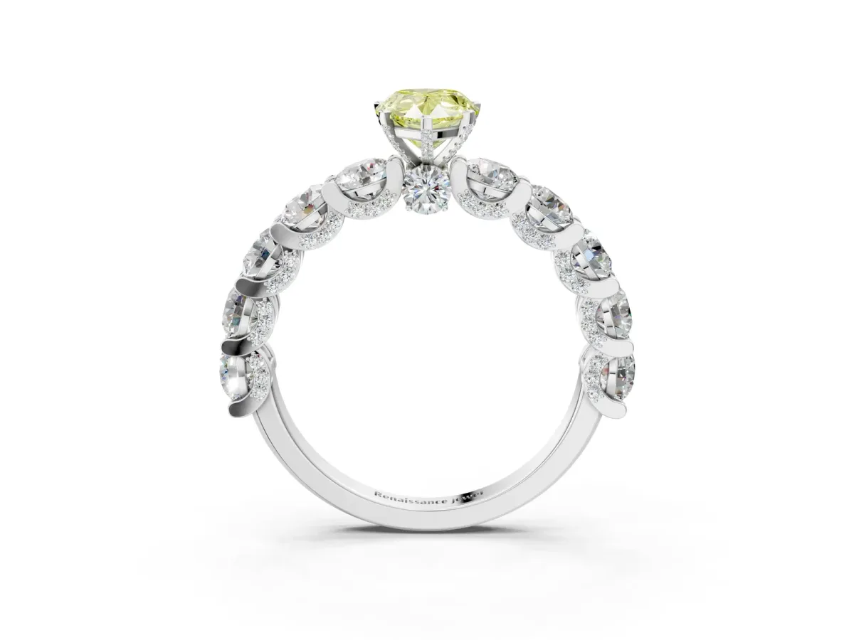 Fancy Yellow Pear Cut Diamond Side Stone Engagement Ring with Four-Prong Setting Platinum