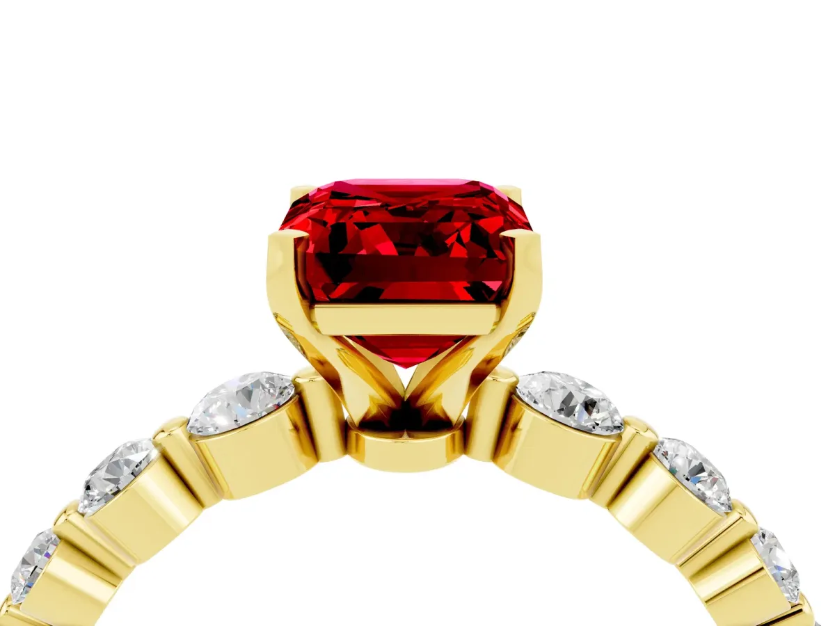 Emerald Cut Solitaire Ruby Ring with Pave Band and Four-Prong Setting Yellow gold