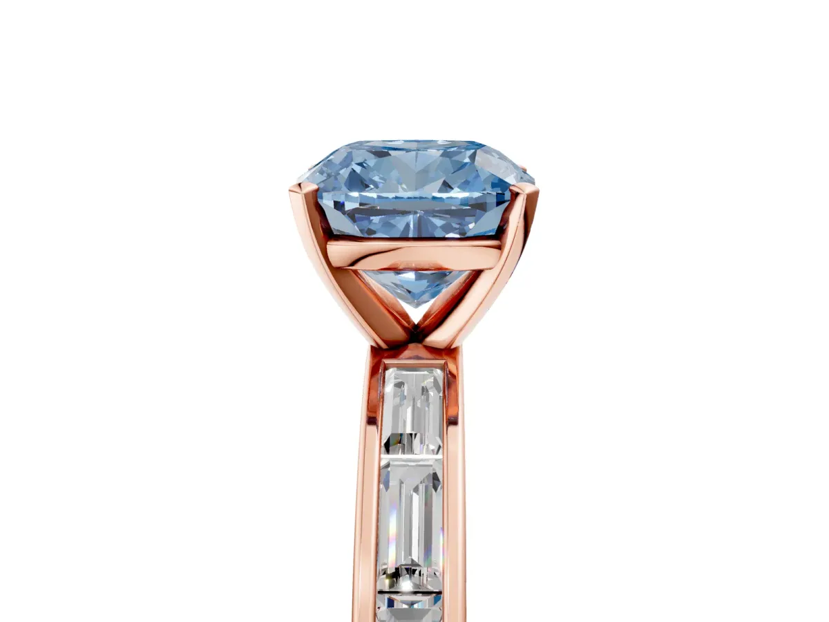 Fancy Blue Cushion Cut Solitaire Diamond Ring with Channel-Set Baguette Band and Four-Prong Setting Rose gold