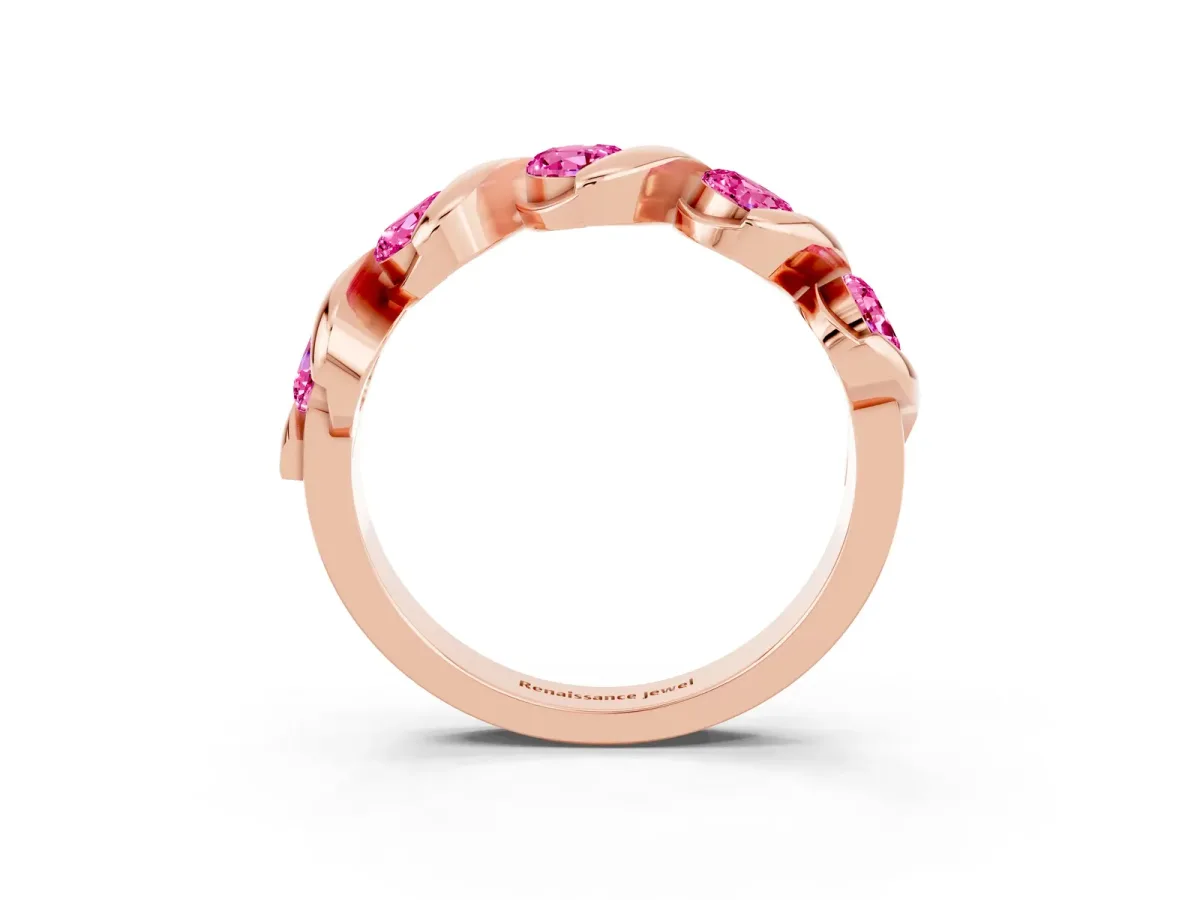 Round Pink Sapphire Wave Band with Channel Setting and Shared Prongs Rose gold