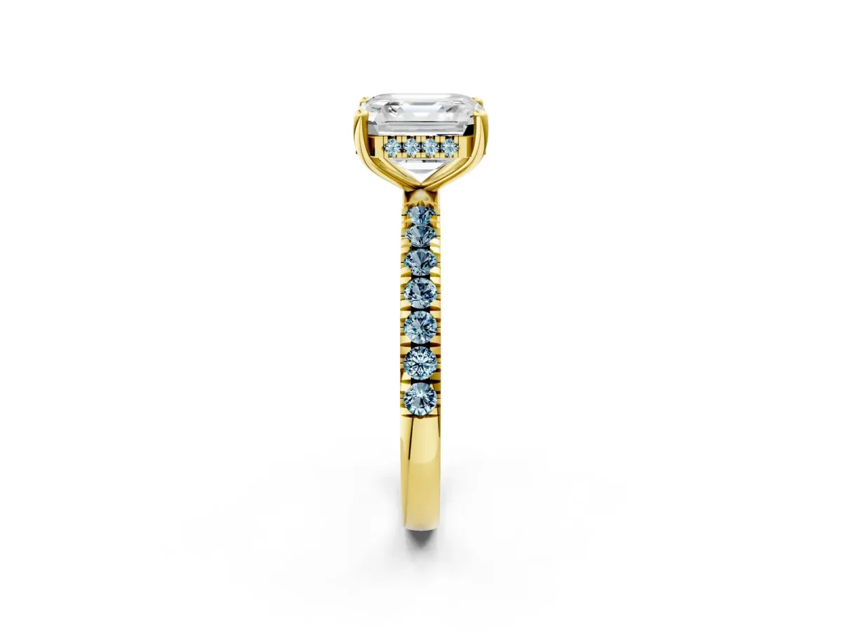 Asscher Cut Diamond Pave Band Solitaire Ring with Round Aquamarine and Prong Setting Yellow gold