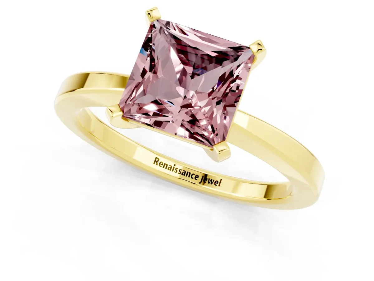 Princess Cut Morganite Solitaire Engagement Ring with Classic Band and Four-Prong Setting Yellow gold