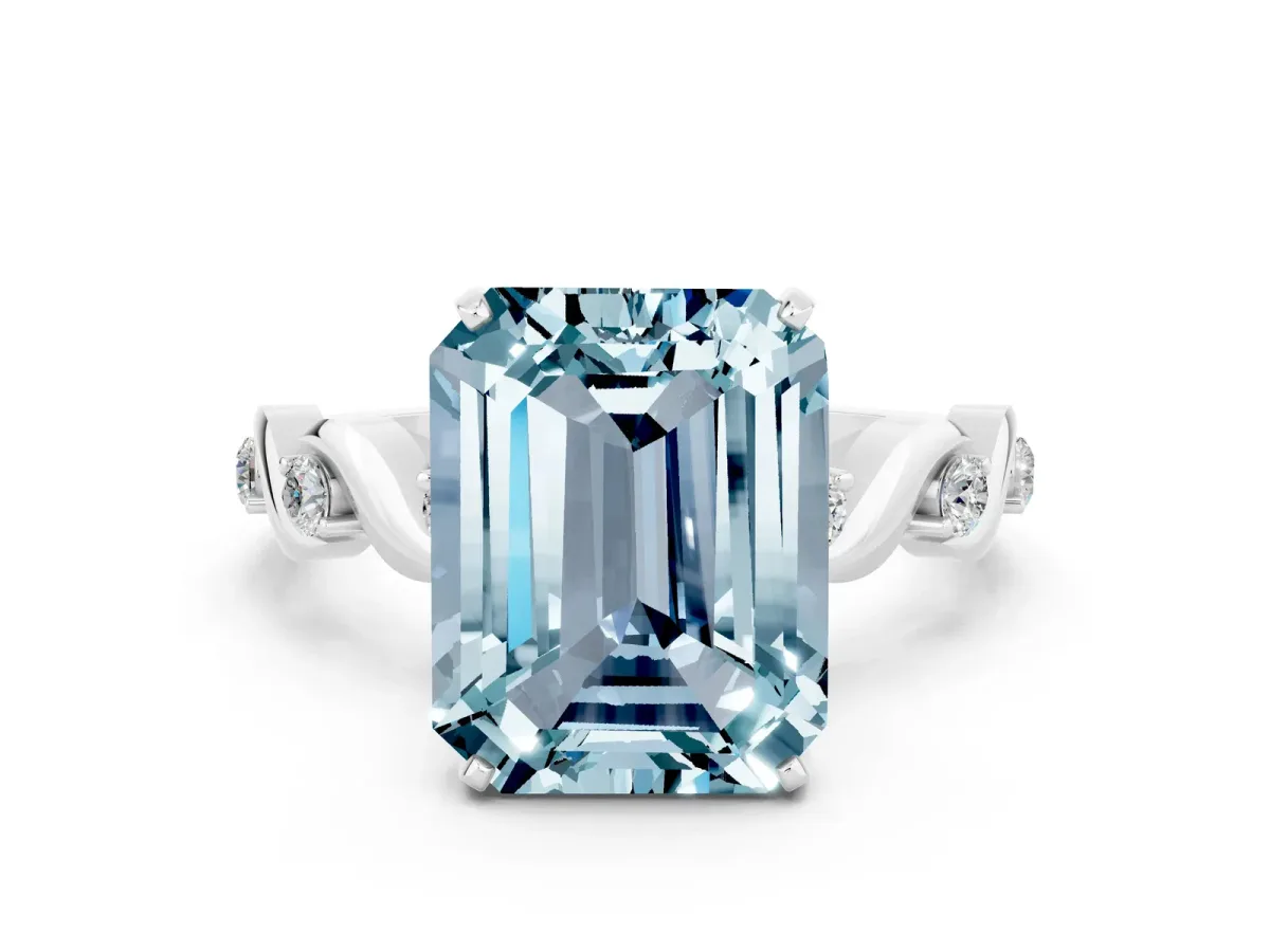 Emerald Cut Aquamarine Solitaire Twisted Band with Round Accents and Prong Setting White gold