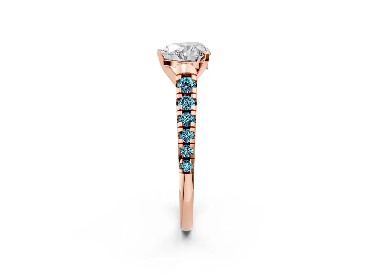 Heart Cut Diamond Cathedral Solitaire Ring with Round Blue Topaz Pavé Band Rose gold