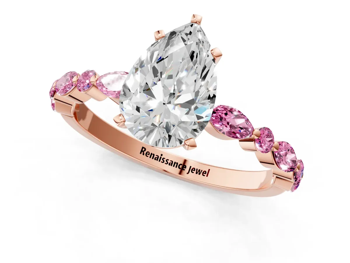 Pear Cut Diamond Ring with Marquise and Round Pink Sapphire Side Stones and Four-Prong Setting Rose gold