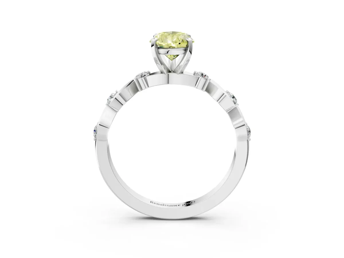 Fancy Yellow Pear Cut Diamond Solitaire Twisted Band with Round Accents and Prong Setting White gold