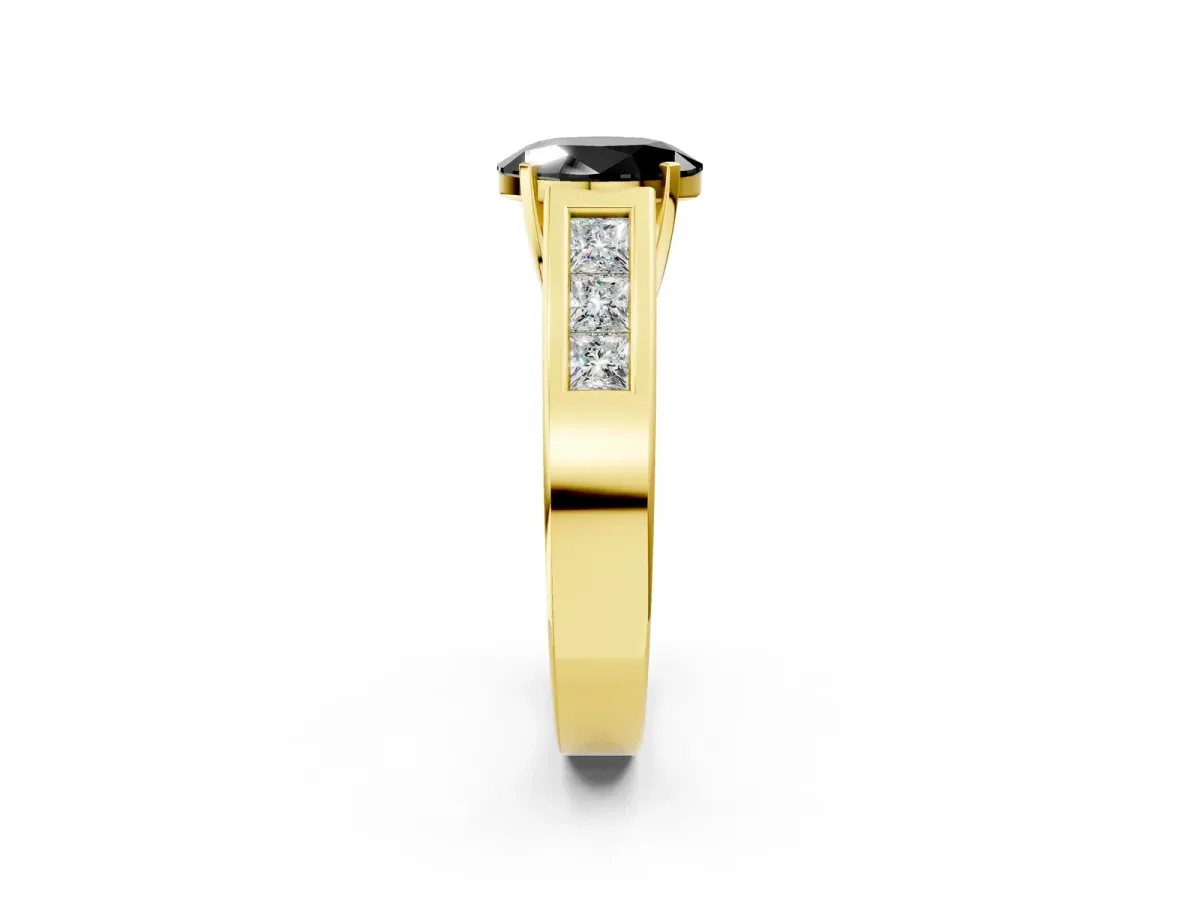 Fancy Black Oval Cut Cut Channel Set Solitaire Ring with Four-Prong Setting Yellow gold