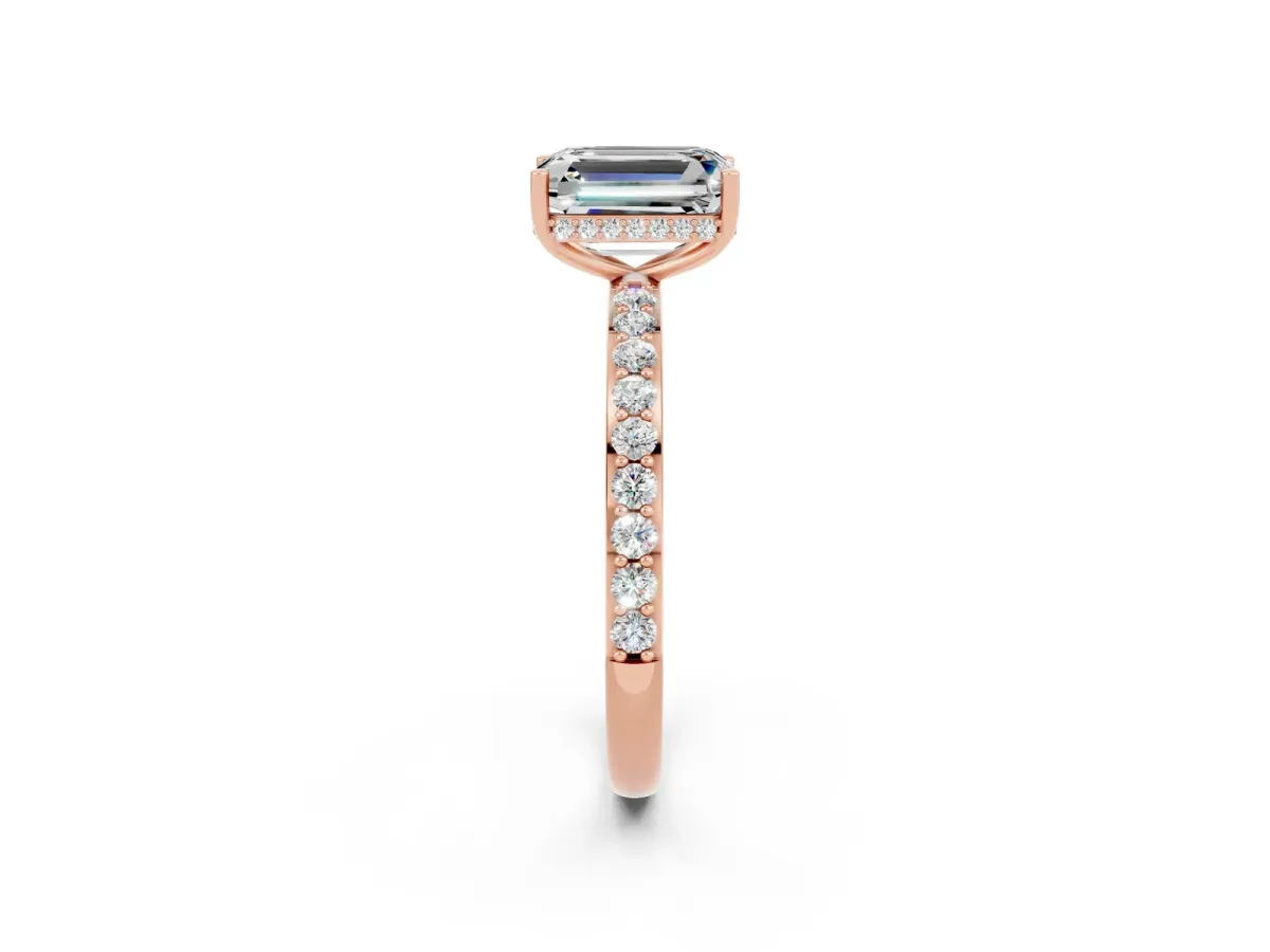 Emerald Cut Moissanite Solitaire Ring with Pavé Band and Hidden Halo Rose gold