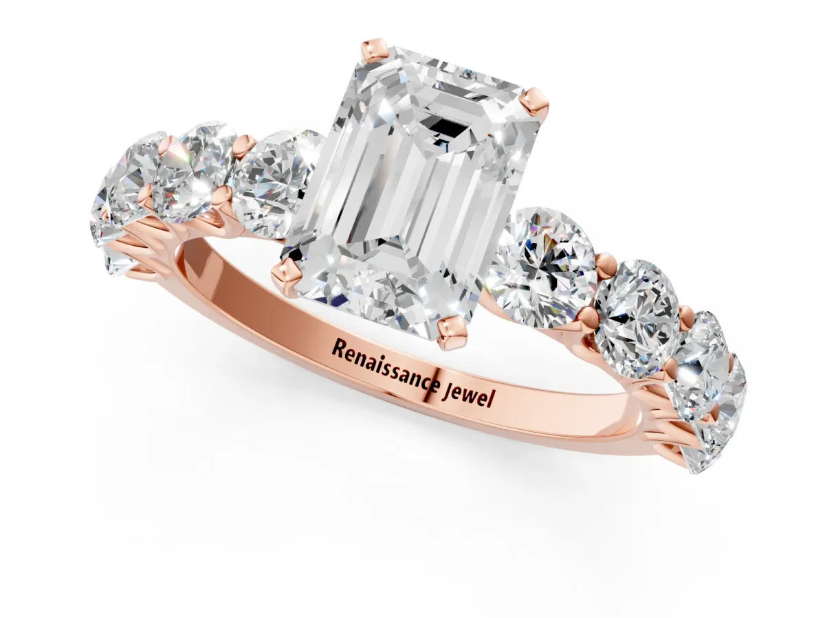 Emerald Cut Diamond Prong Setting with Side Stones on a Pave Band Rose gold