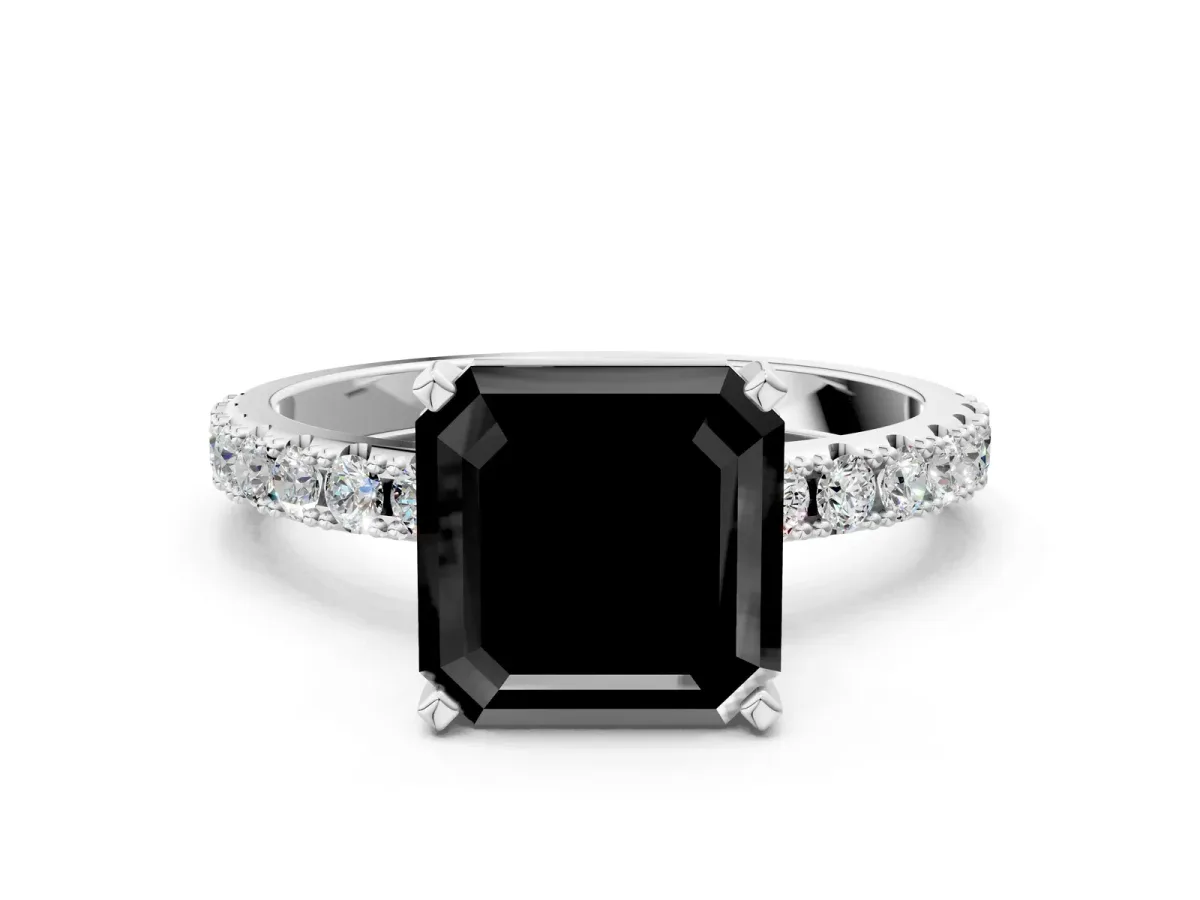 Fancy Black Asscher Cut Diamond Solitaire Pavé Band with Four-Prong Setting Silver