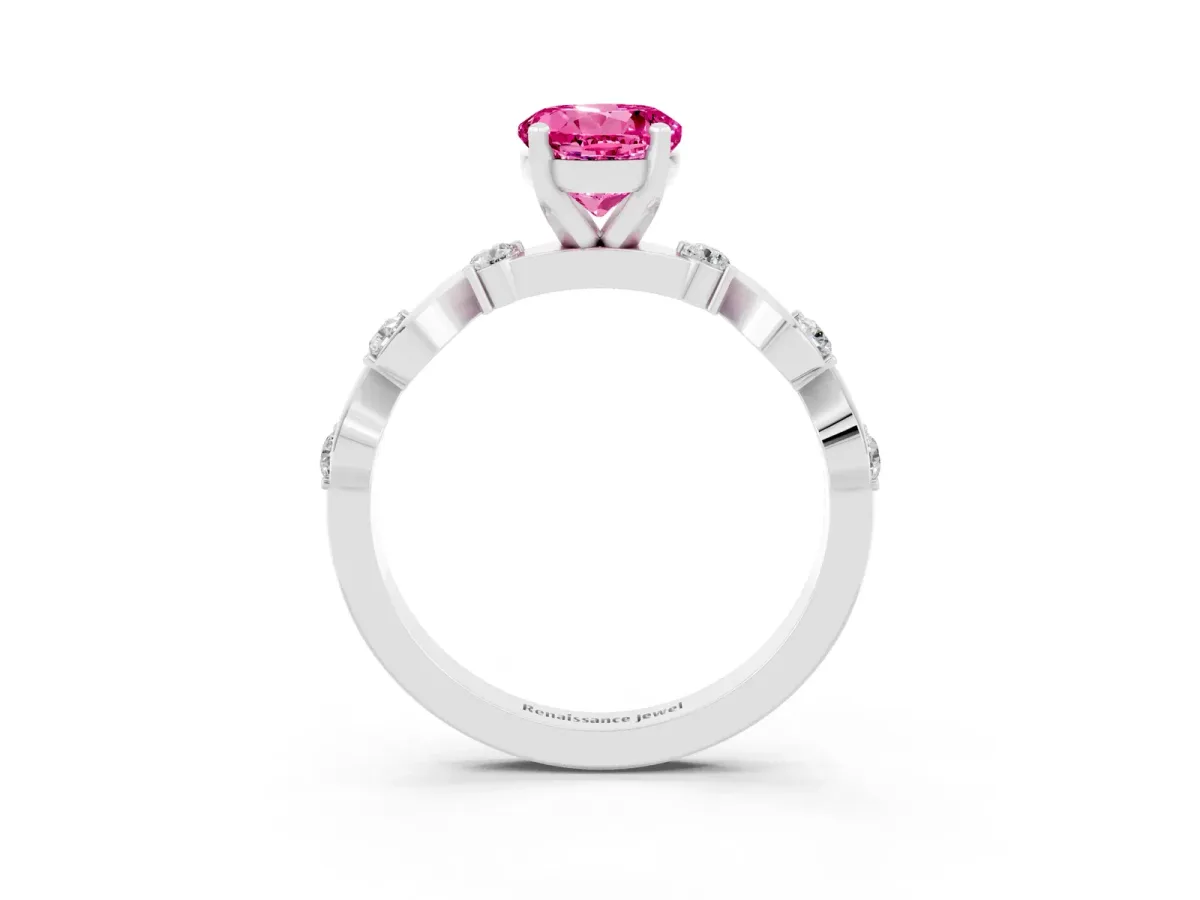 Round Cut Pink Sapphire Solitaire Twisted Band with Round Accents and Prong Setting White gold