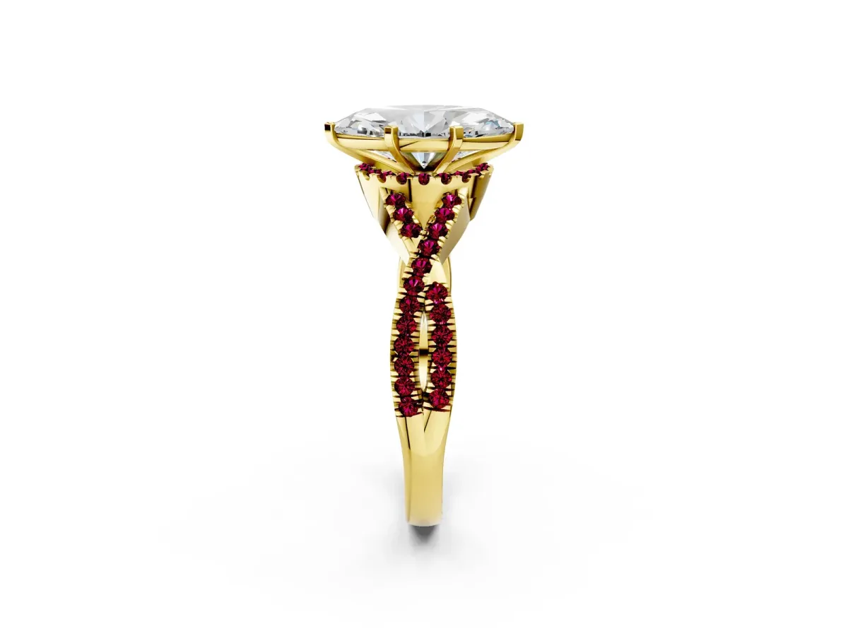 Marquise Cut Diamond Garnet Halo Twist Band Solitaire Prong Setting Ring Yellow gold