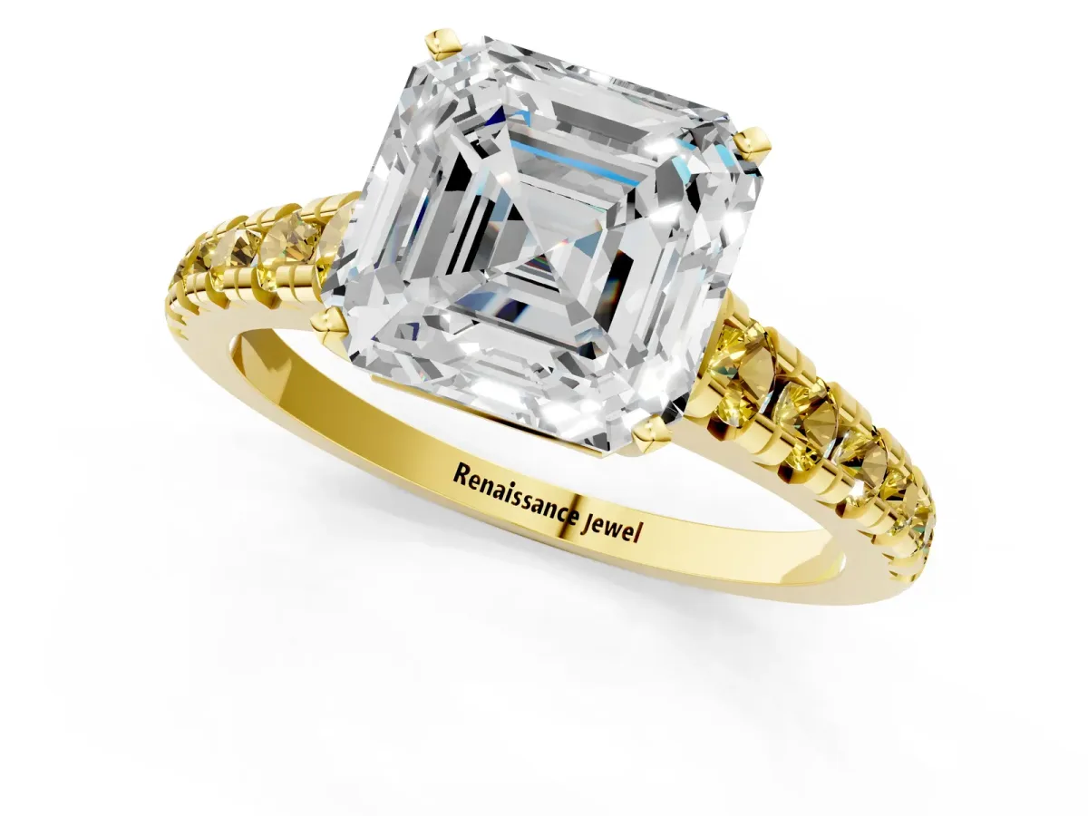 Asscher Cut Diamond Cathedral Solitaire Ring with Round Yellow Sapphire Pavé Band Yellow gold