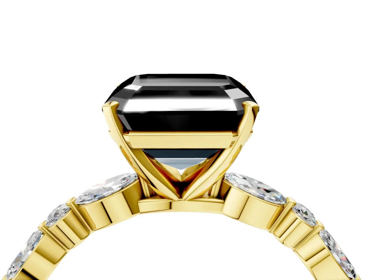 Fancy Black Asscher Cut Diamond Ring with Marquise and Round Side Stones and Four-Prong Setting Yellow gold
