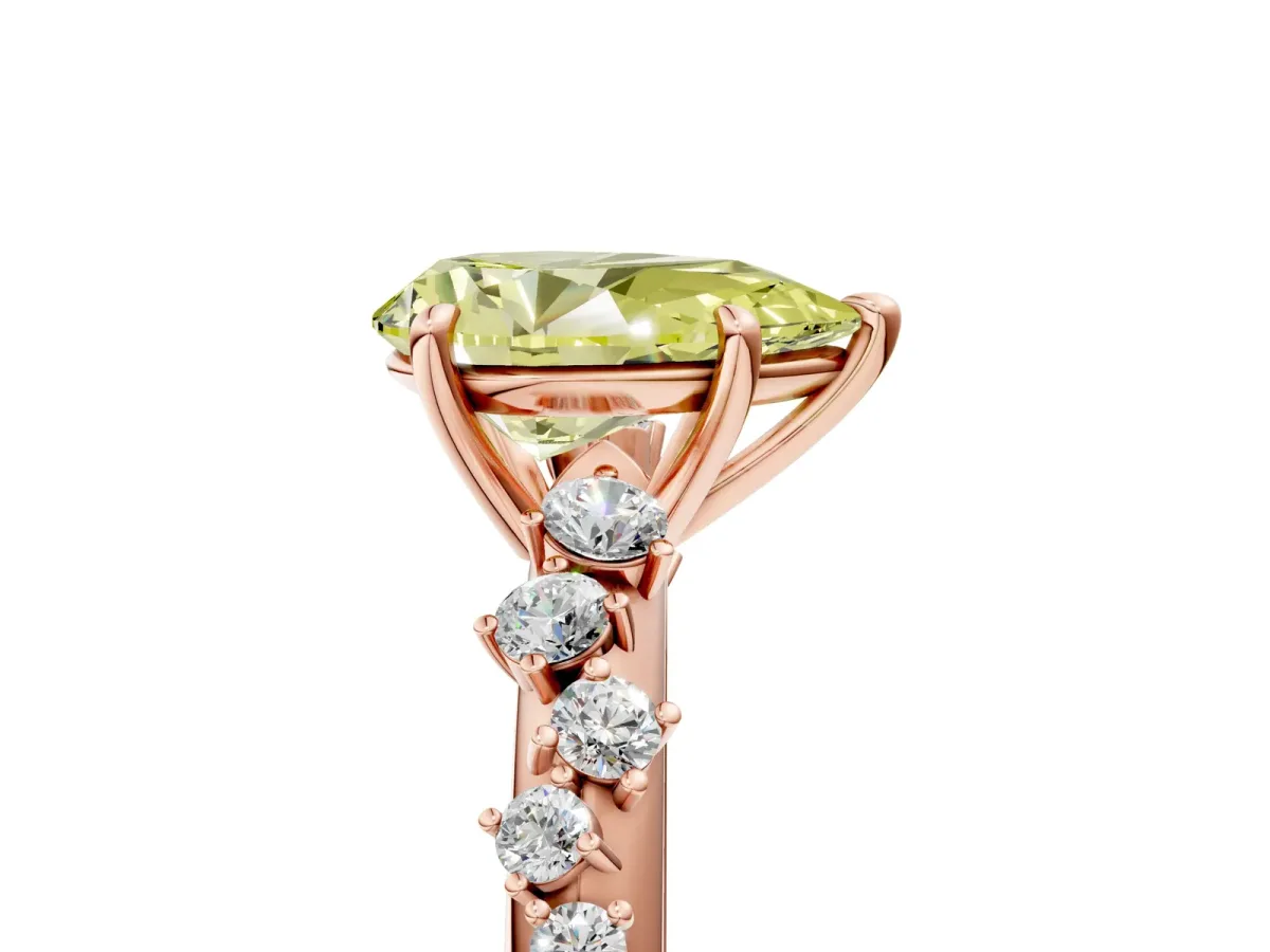 Fancy Yellow Pear Cut Diamond Cluster Side Stone Solitaire Ring with Prong Setting Rose gold
