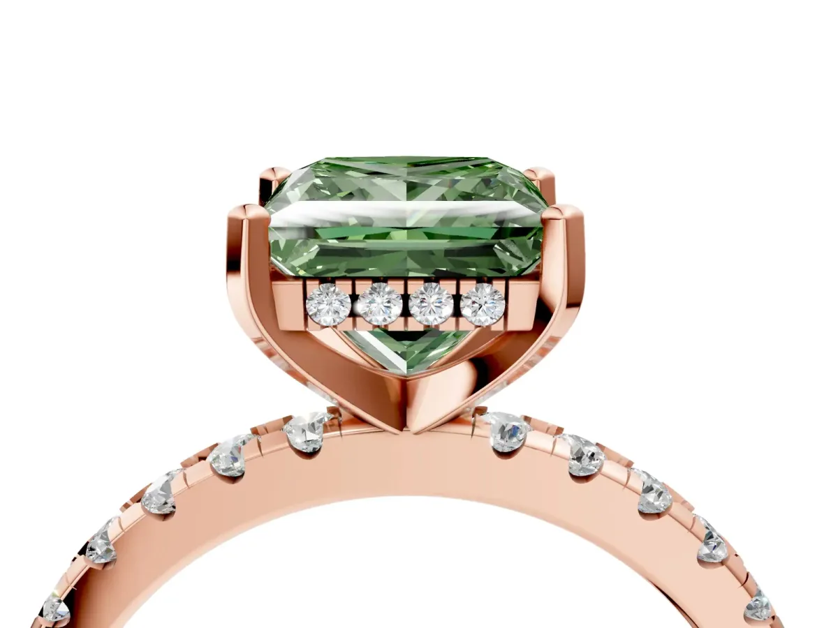 Fancy Green Princess Cut Diamond Solitaire Ring with Round Pavé Band and Four-Prong Setting Rose gold