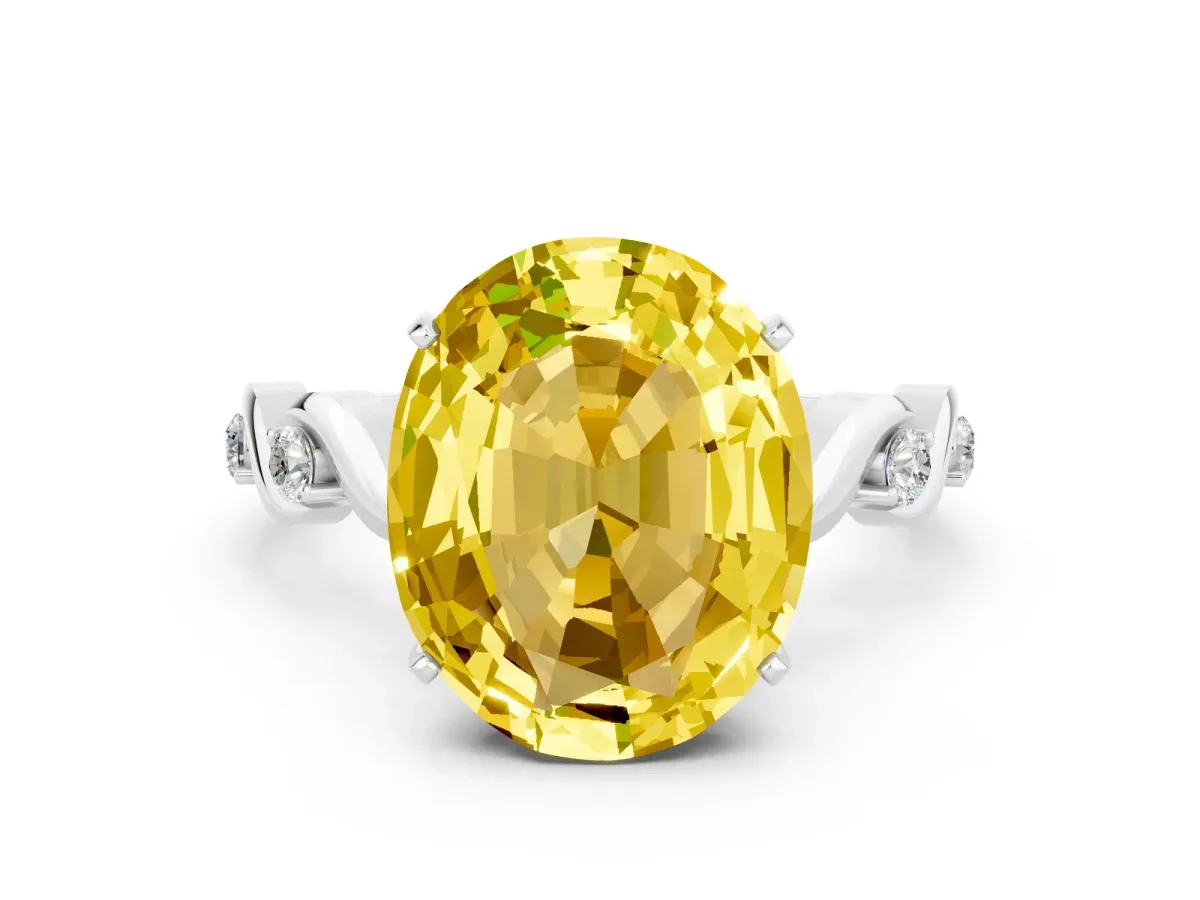 Oval Cut Yellow Sapphire Solitaire Twisted Band with Round Accents and Prong Setting White gold