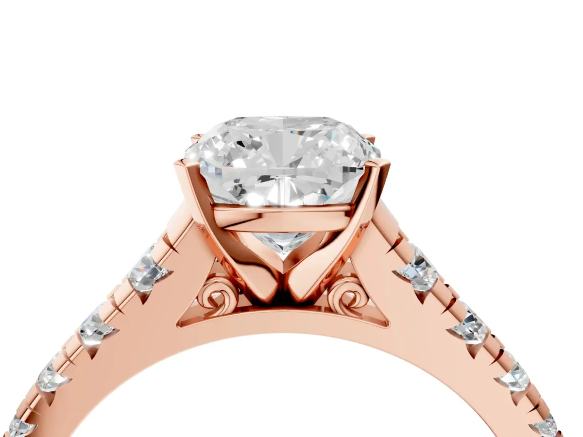 Cushion Cut Diamond Cathedral Solitaire Ring with Round Moissanite Pavé Band Rose gold