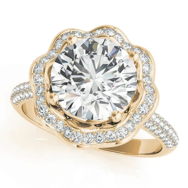 Round Cut Halo Diamond Floral Pave Band Ring with Four-Prong Setting Yellow gold