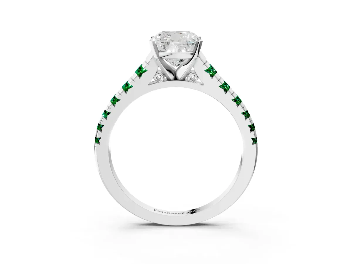 Cushion Cut Diamond Cathedral Solitaire Ring with Round Emerald Pavé Band Platinum