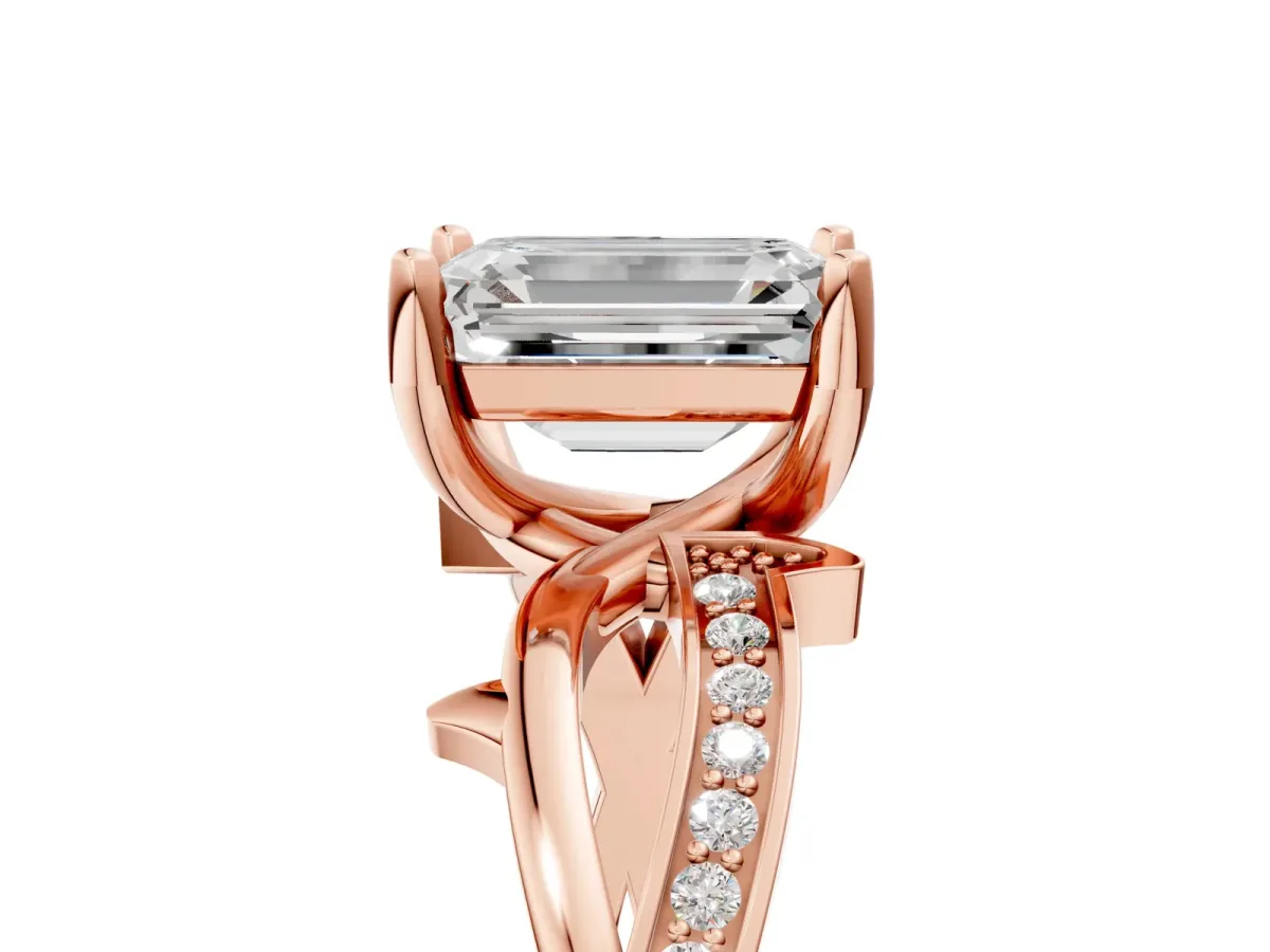 Emerald Cut Solitaire Twist Band with Pavé Accents and Four-Prong Setting Rose gold