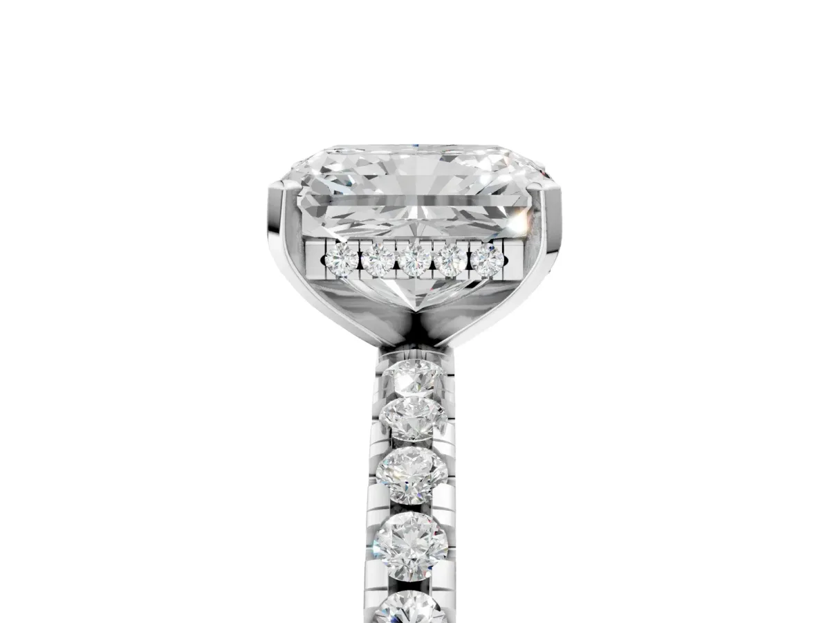 Radiant Cut Diamond Solitaire Ring with Round Moissanite Pavé Band and Four-Prong Setting White gold