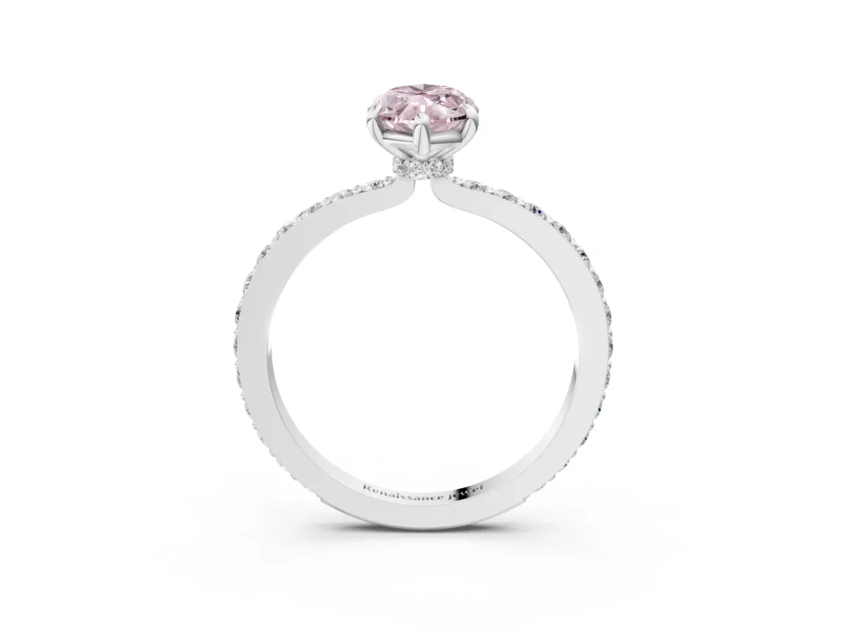 Fancy Pink Marquise Cut Diamond Solitaire Engagement Ring with Pavé Band and Four-Prong Setting White gold