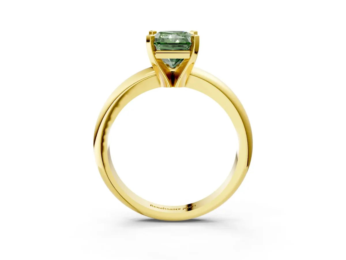 Fancy Green Radiant Cut Diamond Solitaire Engagement Ring with Round Band and Four-Prong Setting Yellow gold