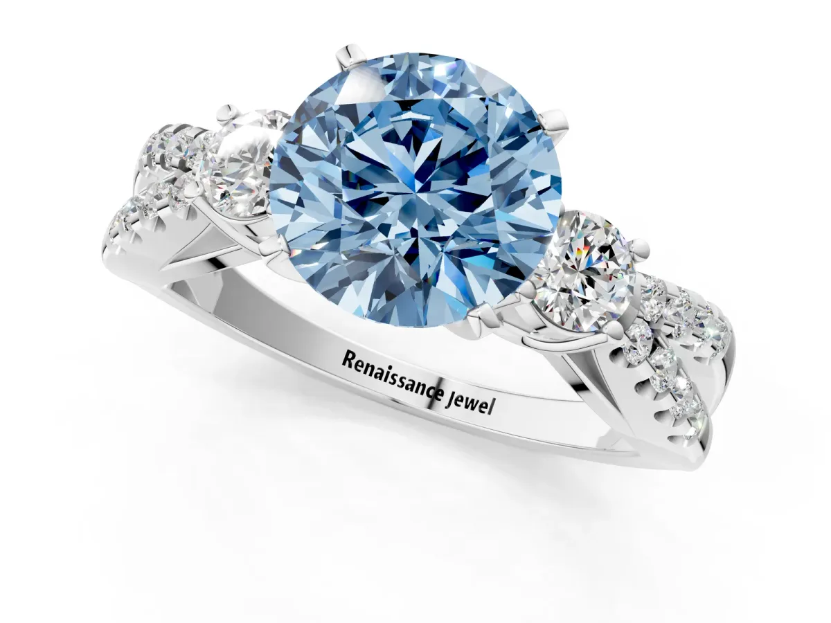 Fancy Blue Round Cut Diamond Three-Stone Ring with Pavé Split Shank and Four-Prong Setting Silver