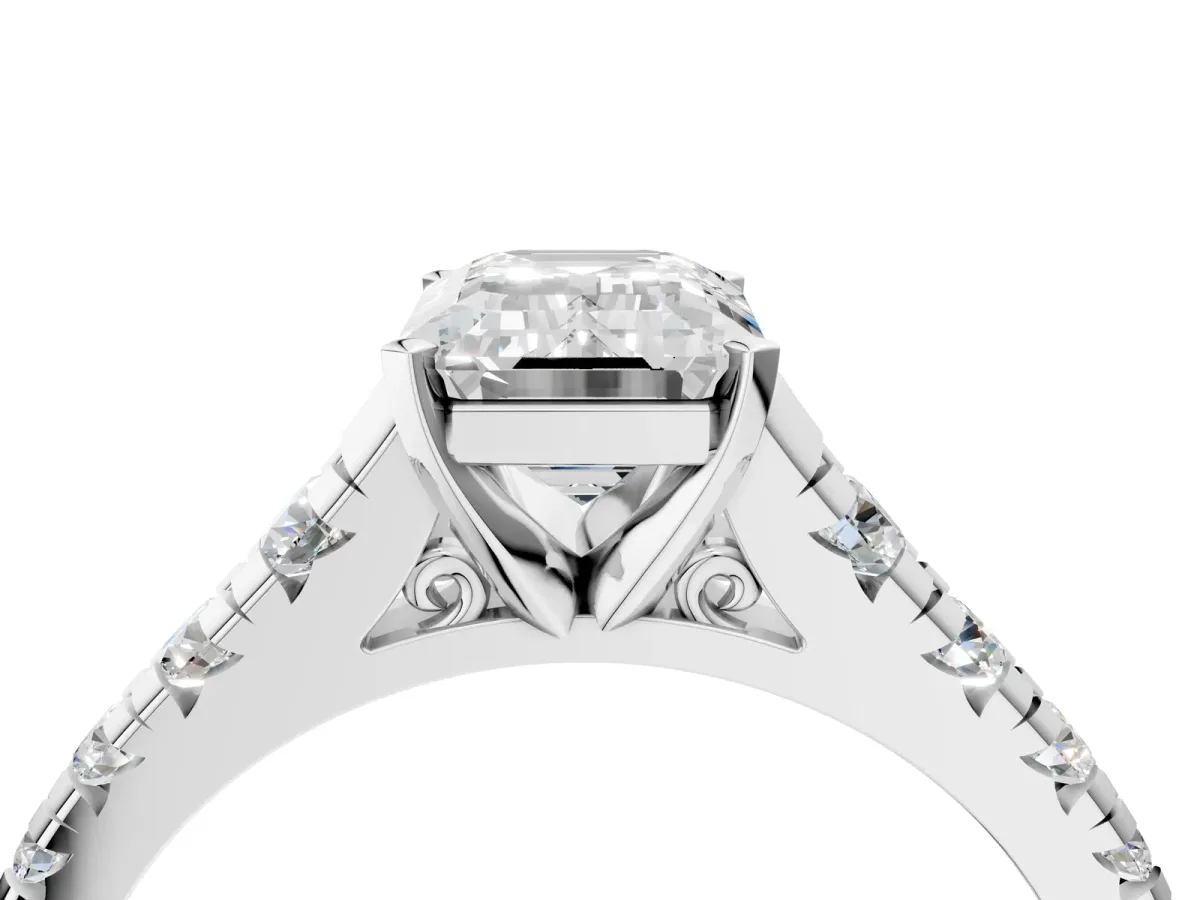 Emerald Cut Diamond Cathedral Solitaire Ring with Round Moissanite Pavé Band Platinum