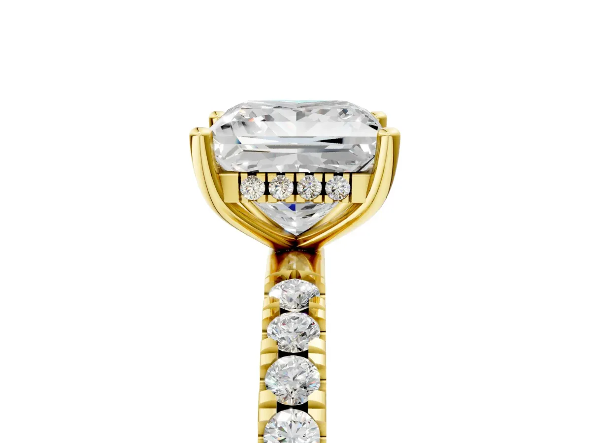 Princess Cut Diamond Pave Band Solitaire Ring with Round Moissanite and Prong Setting Yellow gold
