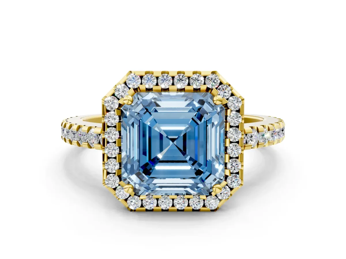 Fancy Blue Asscher Cut Diamond Halo Engagement Ring with Pavé Band and Prong Setting Yellow gold