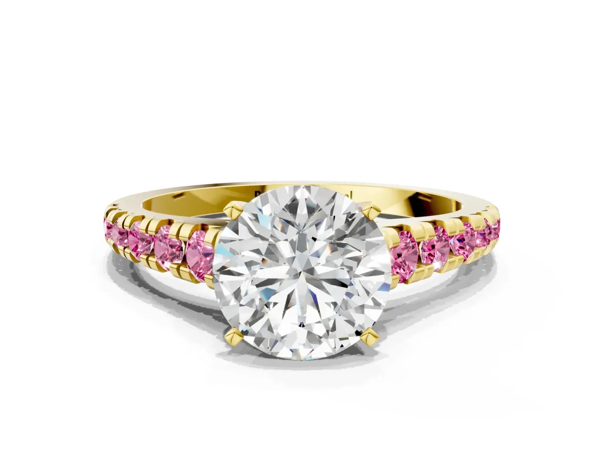 Round Cut Diamond Cathedral Solitaire Ring with Round Pink Sapphire Pavé Band Yellow gold