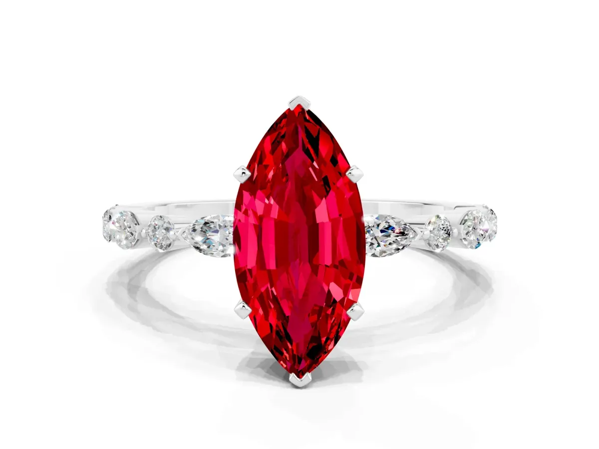 Marquise Cut Ruby Ring with Marquise and Round Side Stones and Four-Prong Setting White gold