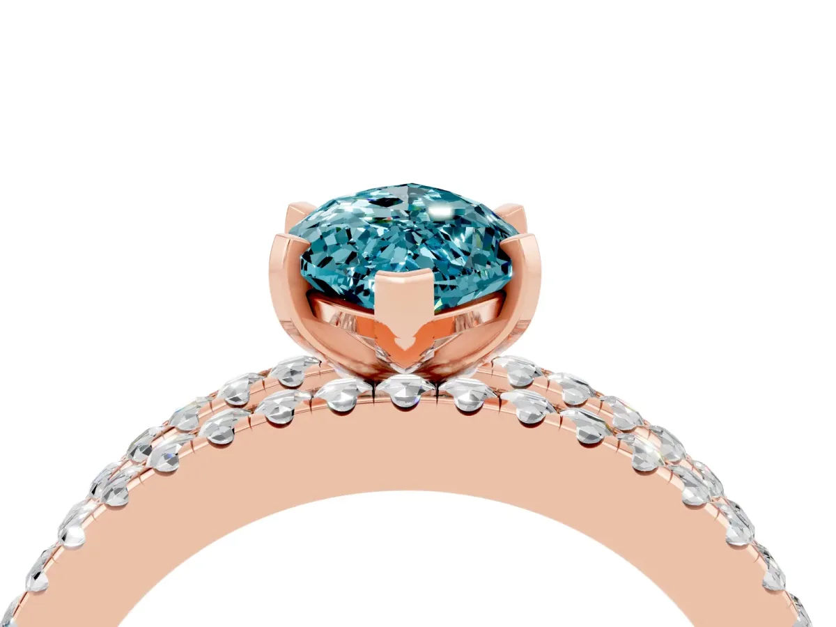 Marquise Cut Blue Topaz Solitaire Ring with Pavé and Channel Set Band Rose gold