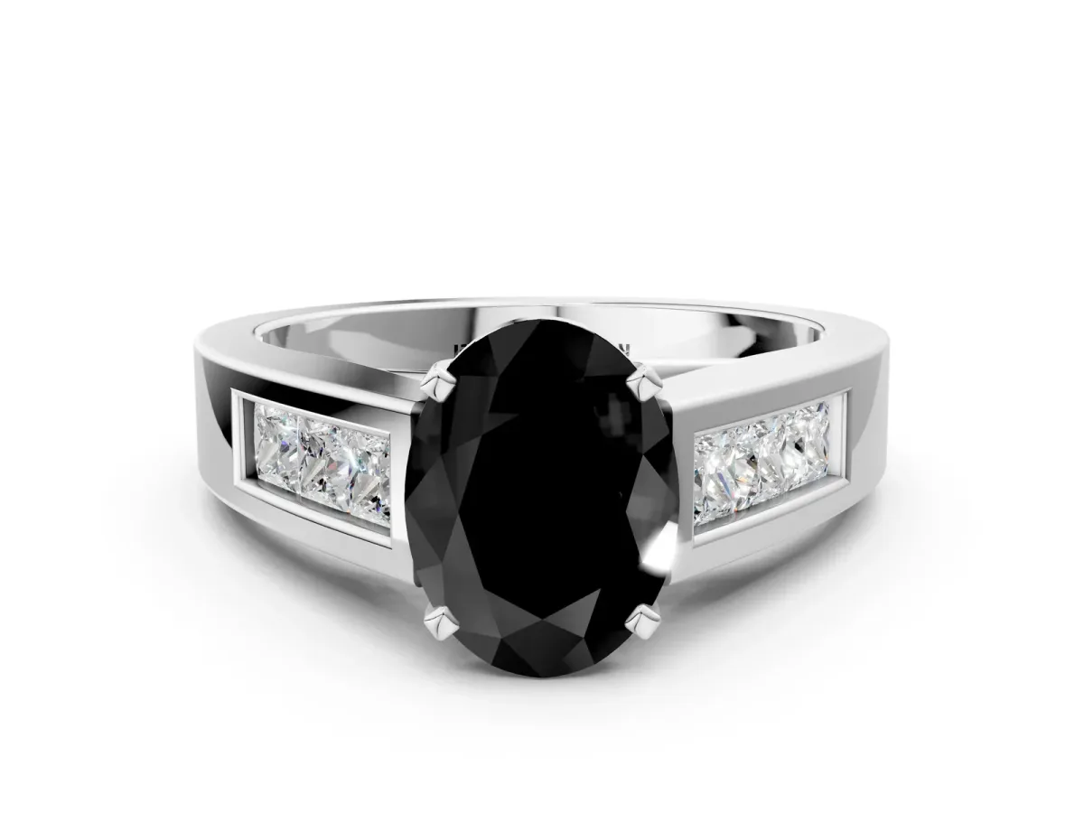 Fancy Black Oval Cut Cut Channel Set Solitaire Ring with Four-Prong Setting Platinum
