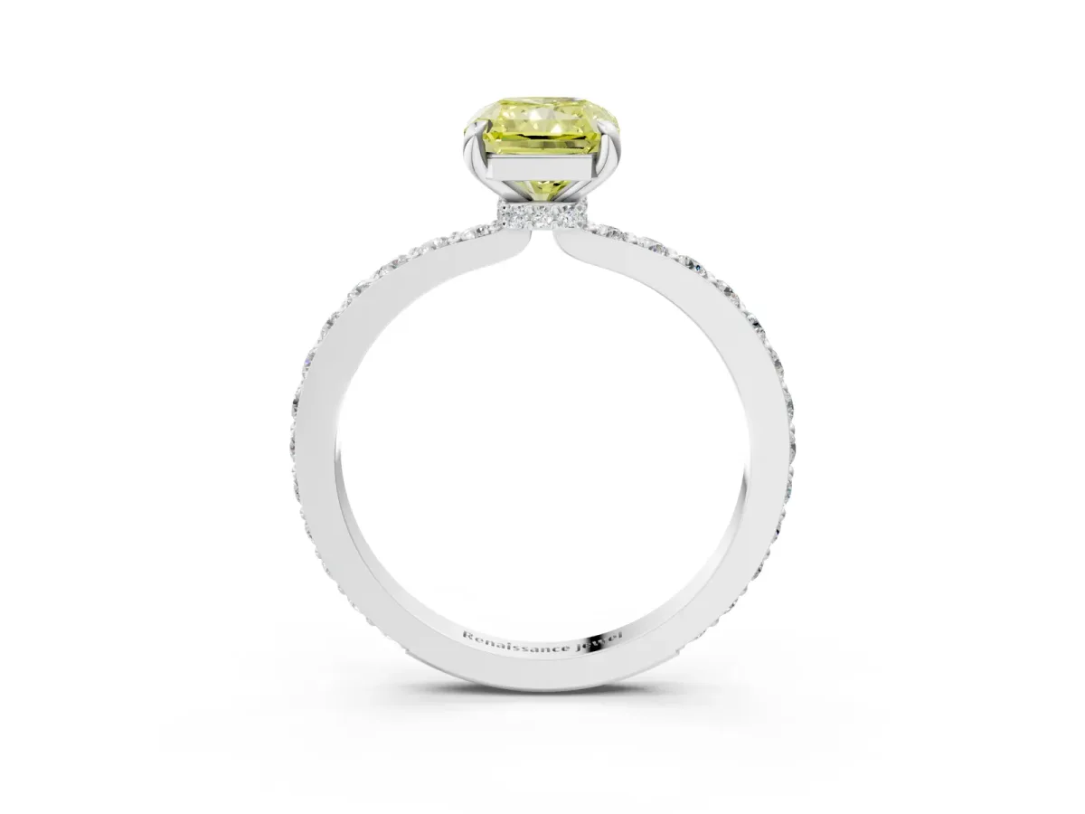 Fancy Yellow Radiant Cut Diamond Solitaire Engagement Ring with Pavé Band and Four-Prong Setting White gold