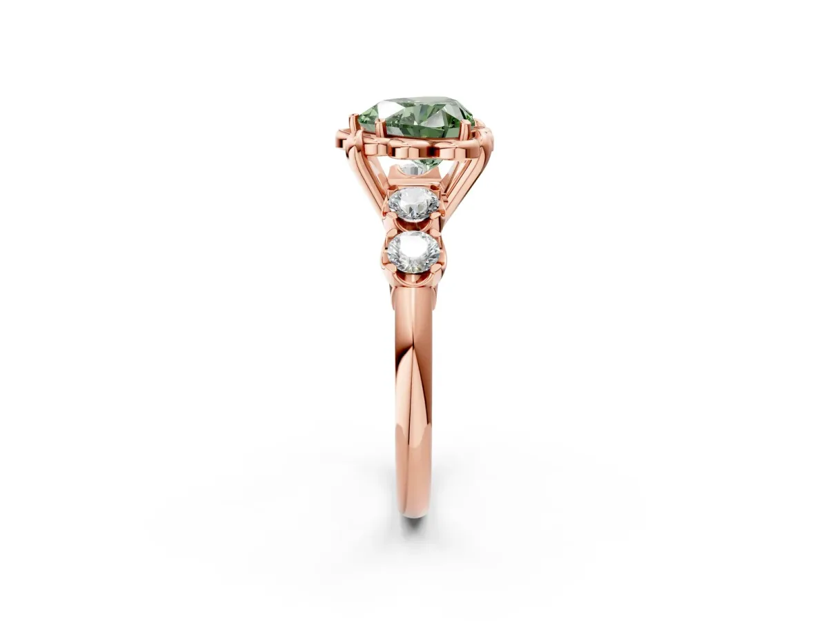Fancy Green Heart Cut Cut Diamond Floral Halo Engagement Ring with Shared Prong Setting Rose gold