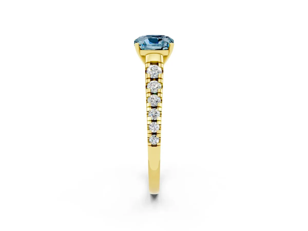 Cushion Cut Aquamarine Cathedral Solitaire Ring with Round Pavé Band Yellow gold