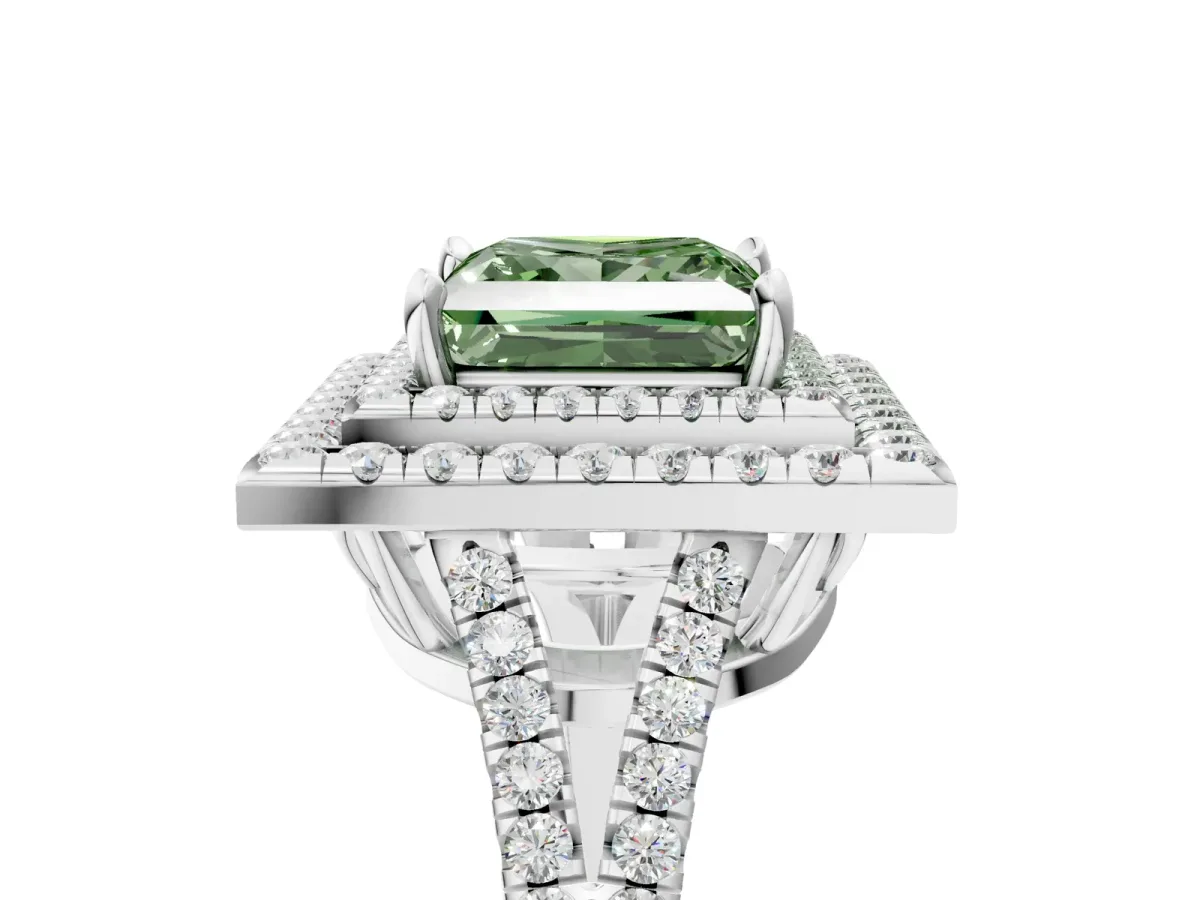Fancy Green Princess Cut Diamond Double Halo Ring with Pavé Band and Prong Setting White gold