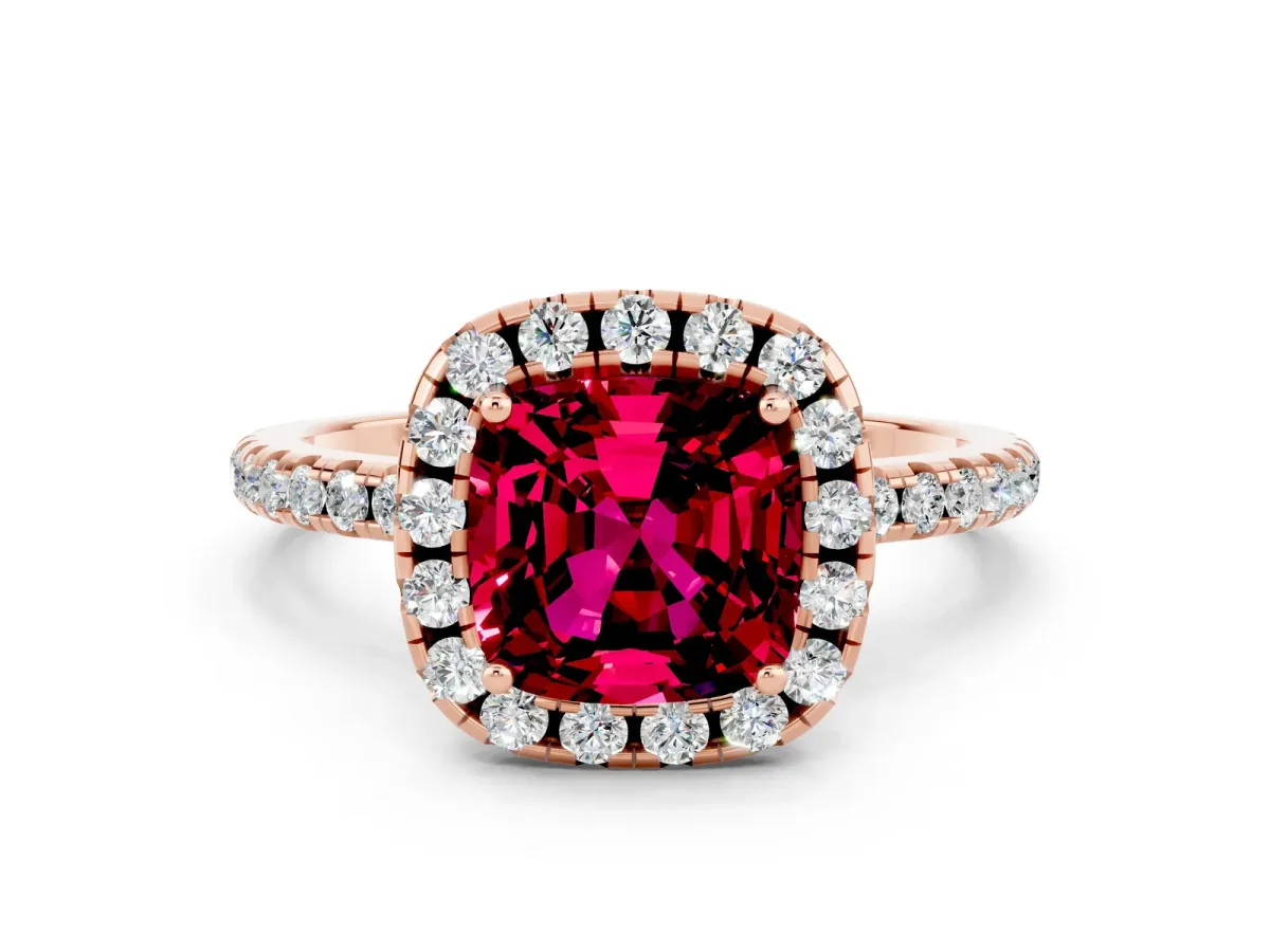 Cushion Cut Garnet Halo Ring with Round Pavé Band and Prong Setting Rose gold