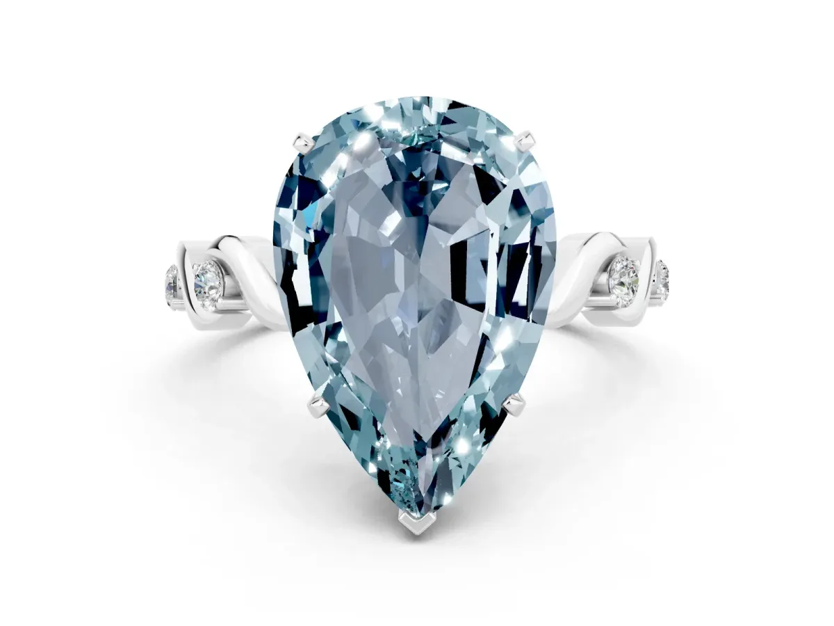 Pear Cut Aquamarine Solitaire Twisted Band with Round Accents and Prong Setting White gold