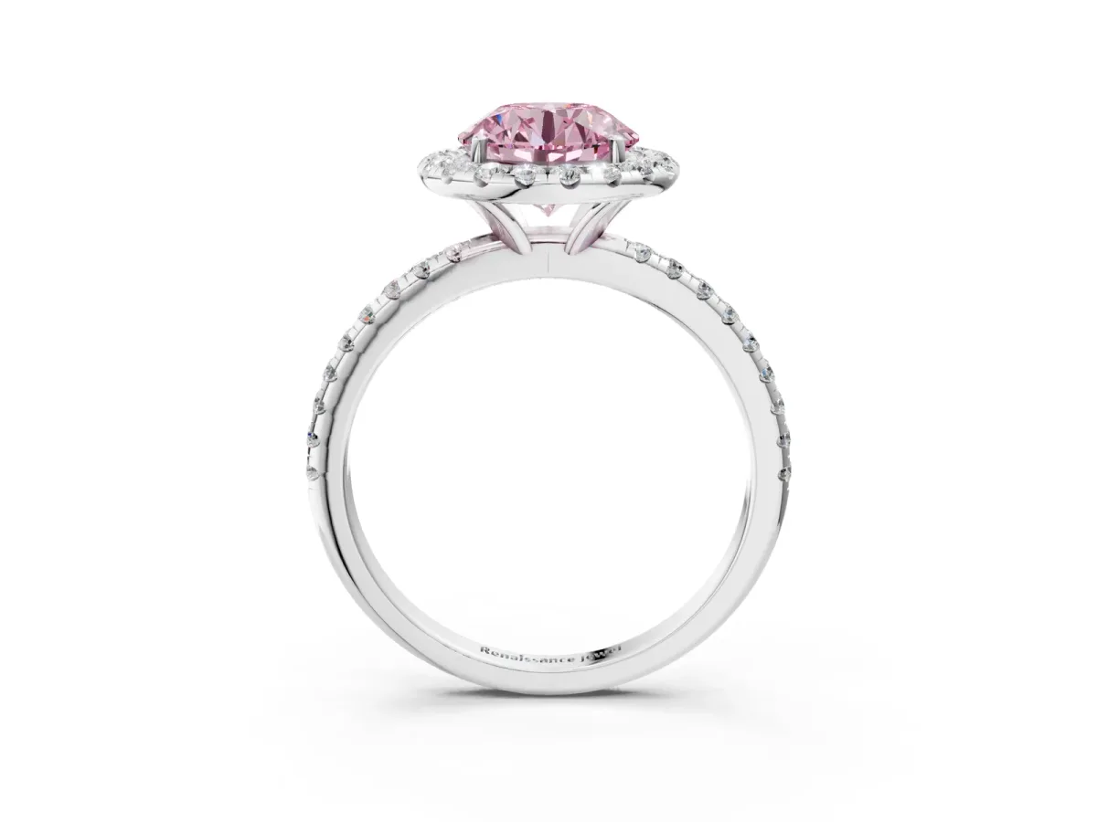 Fancy Pink Round Cut Diamond Halo Ring with Round Pavé Band and Prong Setting Platinum